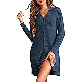 Ekouaer Nightgowns for Women Button Down Night Shirt Long Sleeve Ribbed Knit V-Neck Sleepwear Pajama Dress