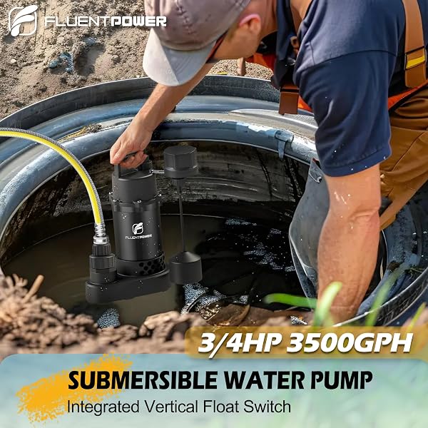 FLUENTPOWER SUBMERSIBLE SUMP PUMP 3/4HP 3500GPH, WITH PIGGY-BACK VERTICAL FLOAT SWITCH AND 10′ CORD, PORTABLE ELECTRIC CAST ALUMINUM SUMP/SEWAGE PUMP FOR BASEMENT POOL GARDEN POND BASIN, BLACK
