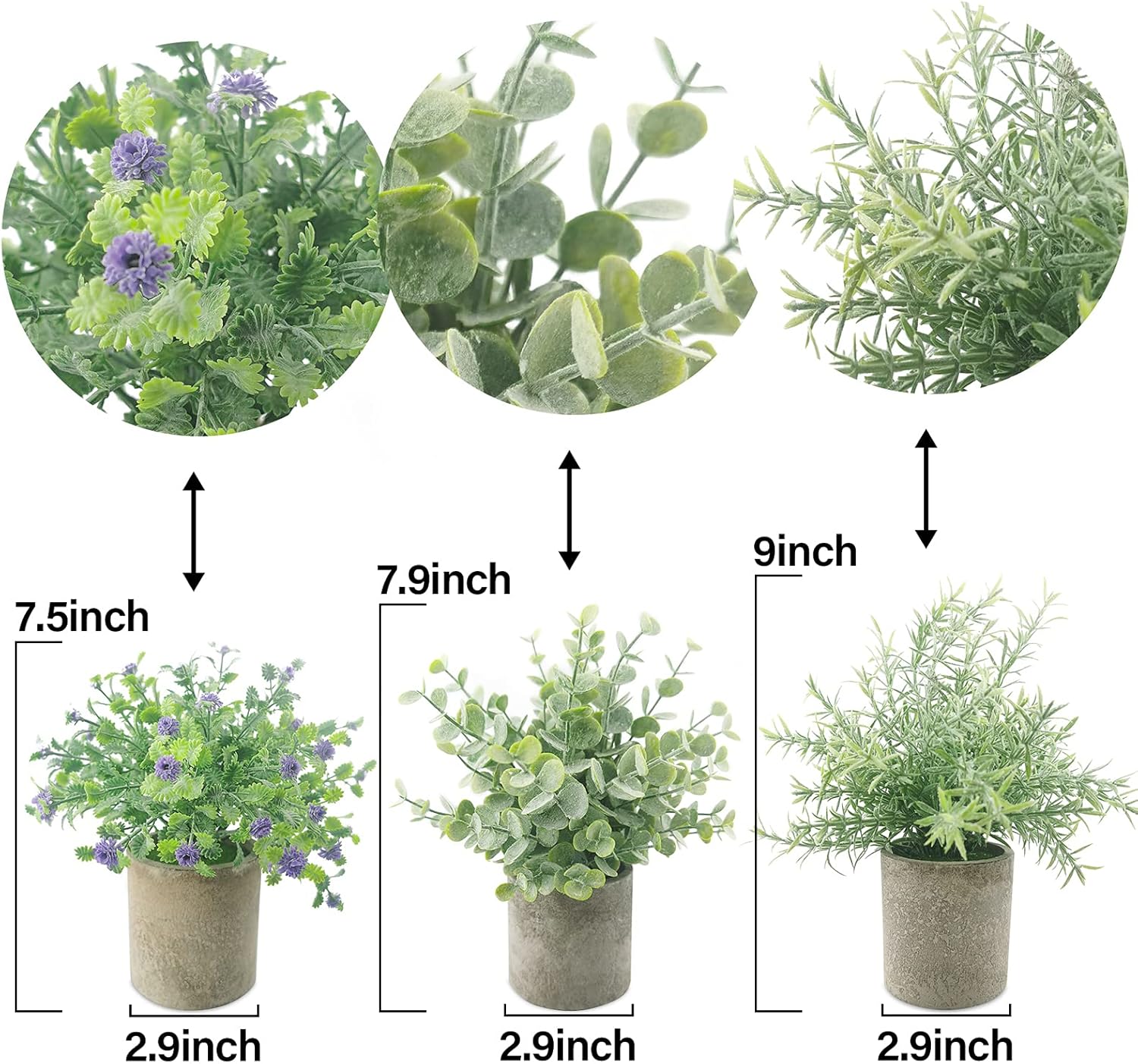 3 Pack Potted Fake Plants-Artificial Plants Potted with Green Oldenlandia Diffusa，Green Eucalyptus&Purple Gypsophila for Room Decor, Desk,in Office,Bedroom,Bathroom: Kitchen & Dining