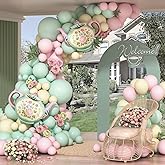 Tea Party Decorations 144Pcs Tea Party Pastel Balloons Garland Arch Kit in Maca Pink Blue and Yellow with Teapot Foil Balloon for Spring Tea Party Wedding Birthday Baby Shower