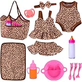 BABESIDE 13 Pcs Baby Doll Clothes and Accessories Set for 10-12 inch Dolls | Baby Doll Feeding and Care Set with Carry Bag, Bottles, Tableware, Leopard Print Baby Doll Outfit for Doll Girl Boy