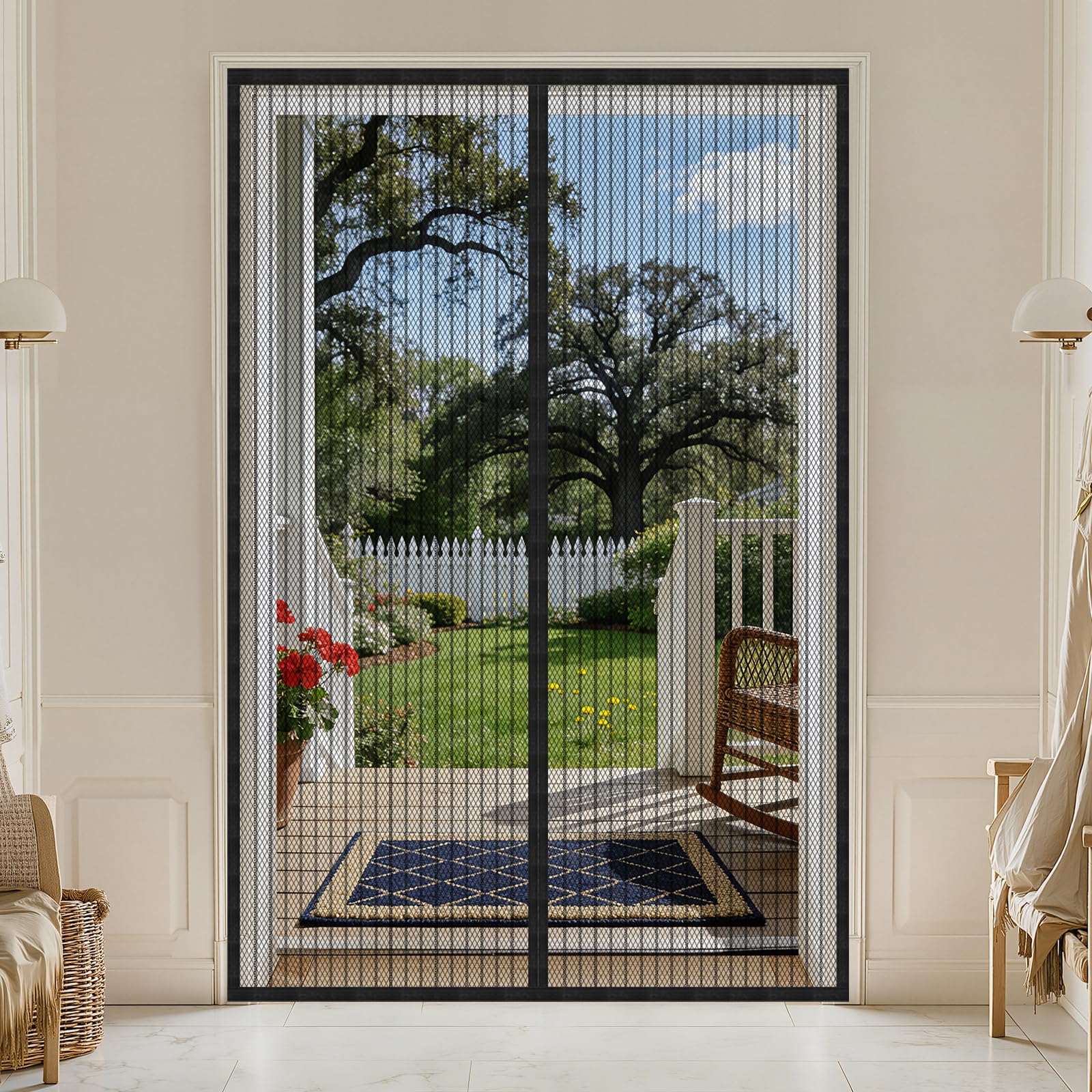JIANJIAO Magnetic Screen Door mesh Curtain White Self Sealing,Heavy Duty,Hands Free Mesh Screen Door with Magnets Screens Door Curtain French Doors with Magic Storage Belt-Black-110x210cm