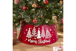 Auirre Metal Christmas Tree Collar, Merry Christmas Pine Trees Tree Ring Holiday Decor 29 Inch Diameter for Large Xmas Tree 7-9 Ft, Red Artificial Tree Skirt Home Indoor Outdoor Decoration