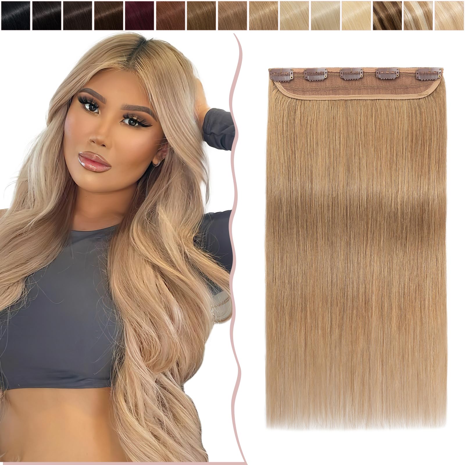 18 inch SEGO Clip in Hair Extension Human Hair One Piece [#27 Dark Blonde] 100% Remy Real Hairpieces for Women 3/4 Full Head Straight (50g)