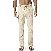 DELCARINO Men's Drawstring Linen Pant Elastic Waist Relaxed-Fit Casual Beach Trousers