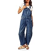 PLNOTME Womens Denim Bib Overalls Barrel Leg Adjustable Strap Jean Pants Jumpsuits with Pockets