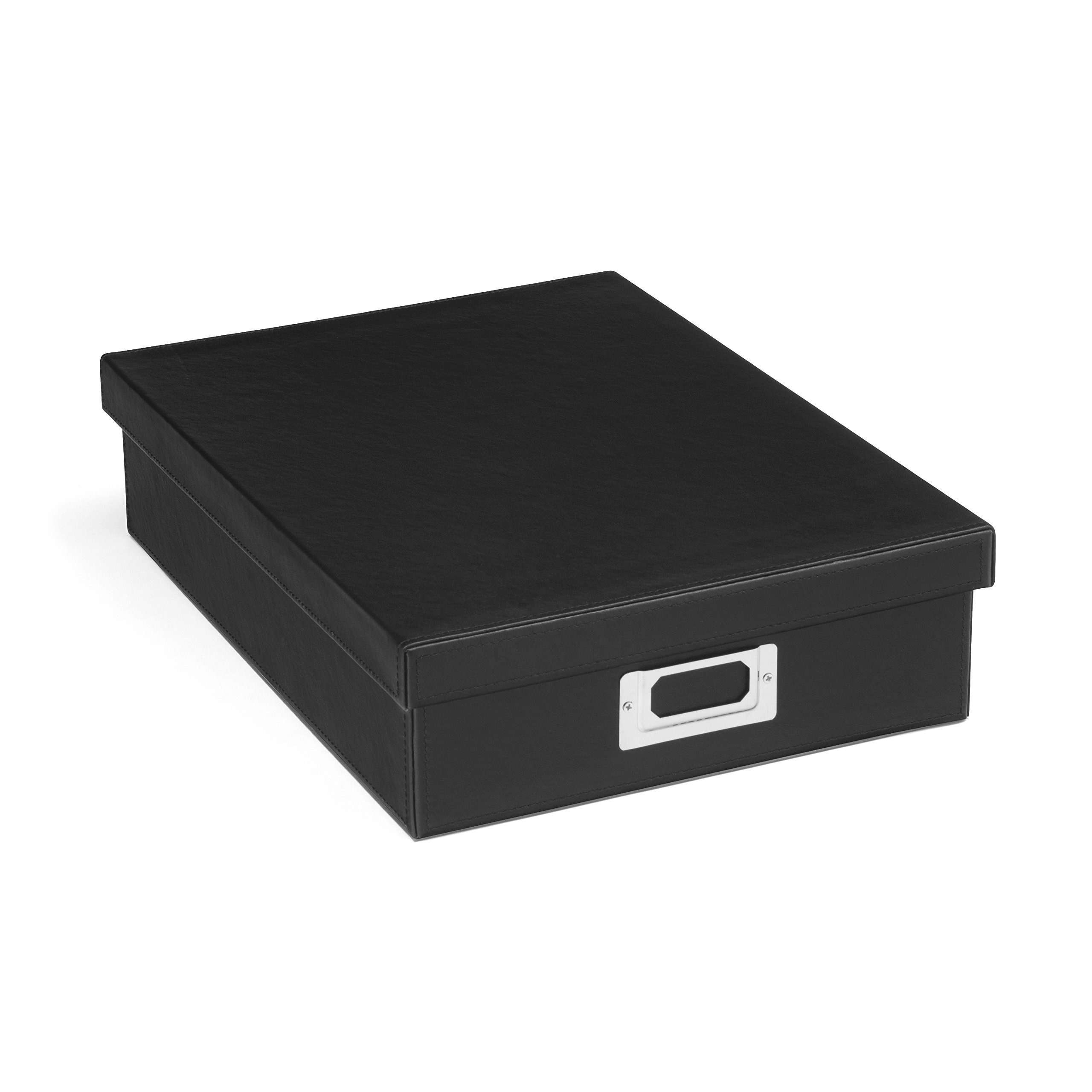 Osco Faux Leather A4 Document Storage Box with Lid, Stackable Desk Paperwork Organiser for A4 Files Envelopes, Durable Filing Solution for Home or Office, 8.5×25×33.5 cm, Black — image 1