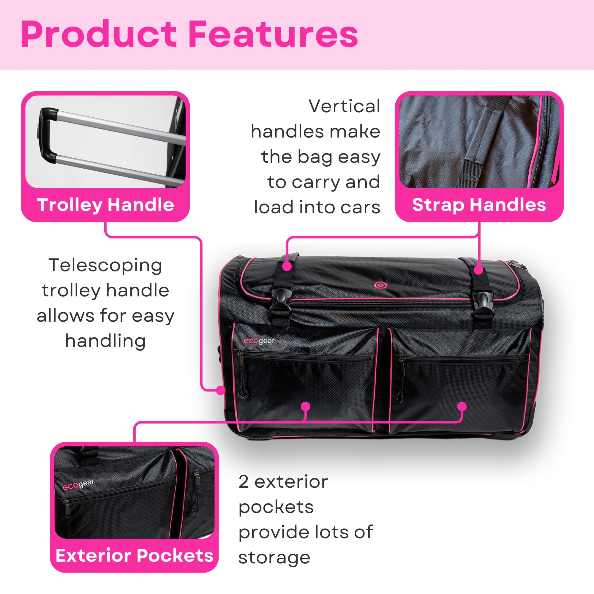 Ecogear Dance Bag with Garment Rack, 28 Inch Rolling Duffel Ideal for Dance Competition & Travel, Wheeled Upright Luggage with Easy-assembly Lightweight Aluminum Clothes Rack, Black/Pink