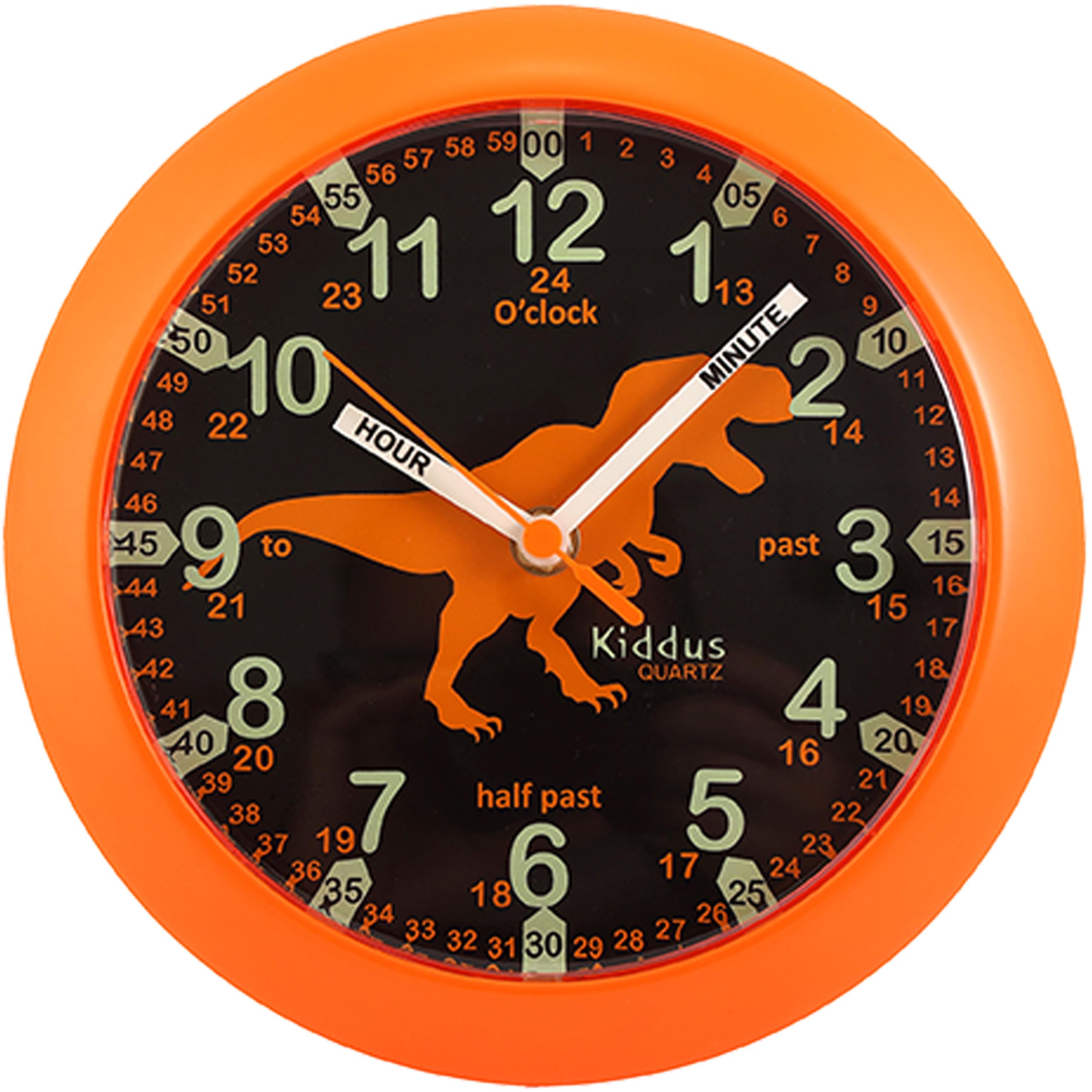 Kiddus Wall Clock for Boys and Girls. Silent Analogue Time Teacher with Exercises. Easy to Read and Learn the Time.Dino Black&Orange