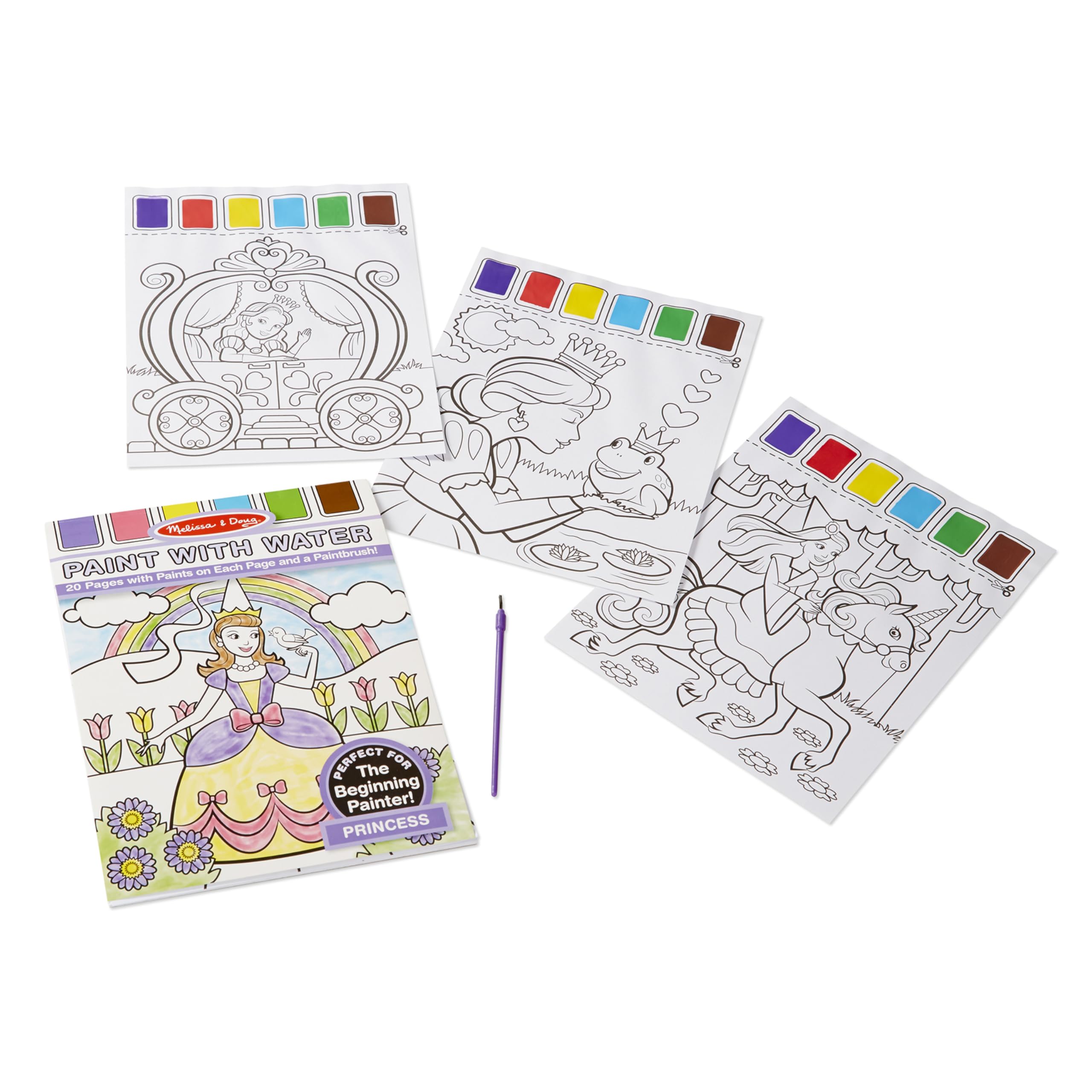 Melissa & Doug Paint with Water - Princess, 20 Perforated Pages with Spillproof Palettes