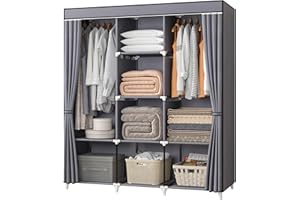 KEKIWE Portable Closet, 51 Inch Wardrobe Closet for Hanging Clothes with 2 Hanging Rods, 8 Storage Organizer Shelves for Bedroom, Durable and Easy to Assemble, Grey