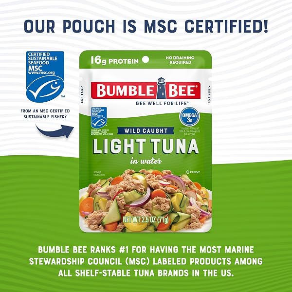 BUMBLE BEE CHUNK LIGHT TUNA IN WATER, 2.5 OZ POUCHES (PACK OF 3) – READY TO EAT WILD CAUGHT SKIPJACK TUNA PACKET – 16G PROTEIN PER SERVING – MSC SUSTAINABLE SEAFOOD, NON-GMO, GLUTEN FREE, KOSHER