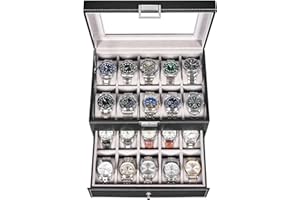 BEWISHOME Watch Case, 20-Slot Watch Box Organizer for Men Watch Case with Large Glass Lid Watch Travel Case Removable Watch Pillows, Mens Jewelry Box Watch Display Case, Watch Storage, Black SSH04B