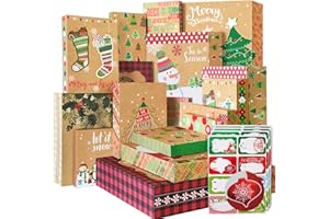 PARTY FUNNY 12 Kraft Christmas Gift Boxes with Lids for wrapping Large Clothes and 80 Foil Christmas Gift Stickers (Assorted size for wrapping Robes, Sweater, Coat, Shirts and Clothes xmas Holiday Present)
