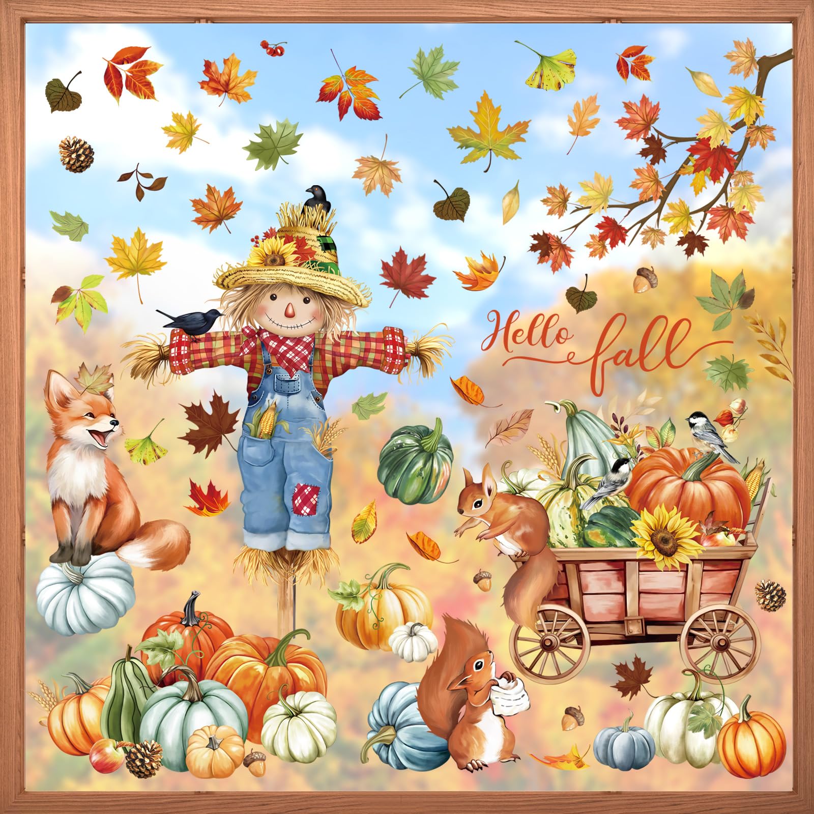 decalmile Thanksgiving Pumpkin Animals Window Clings Scarecrow Fox Squirrel Fall Leaves Double Sided Window Decals Anti-Collision Window Glass Doors Window Stickers