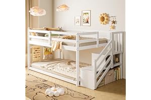 TOLEAD Low Bunk Bed Twin Over Twin, Floor Bunk Beds with Storage Staircase and Guardrails, Wooden Low Bunk Bed with Hanging Bar for Juniors, Boys, Girls, Kids, White