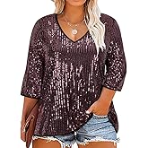 RITERA Plus Size Glitter Tops for Women 3/4 Sleeve Shirts Evening Cocktail V Neck Sequin Blouse Tunic Weddings XL-5XL