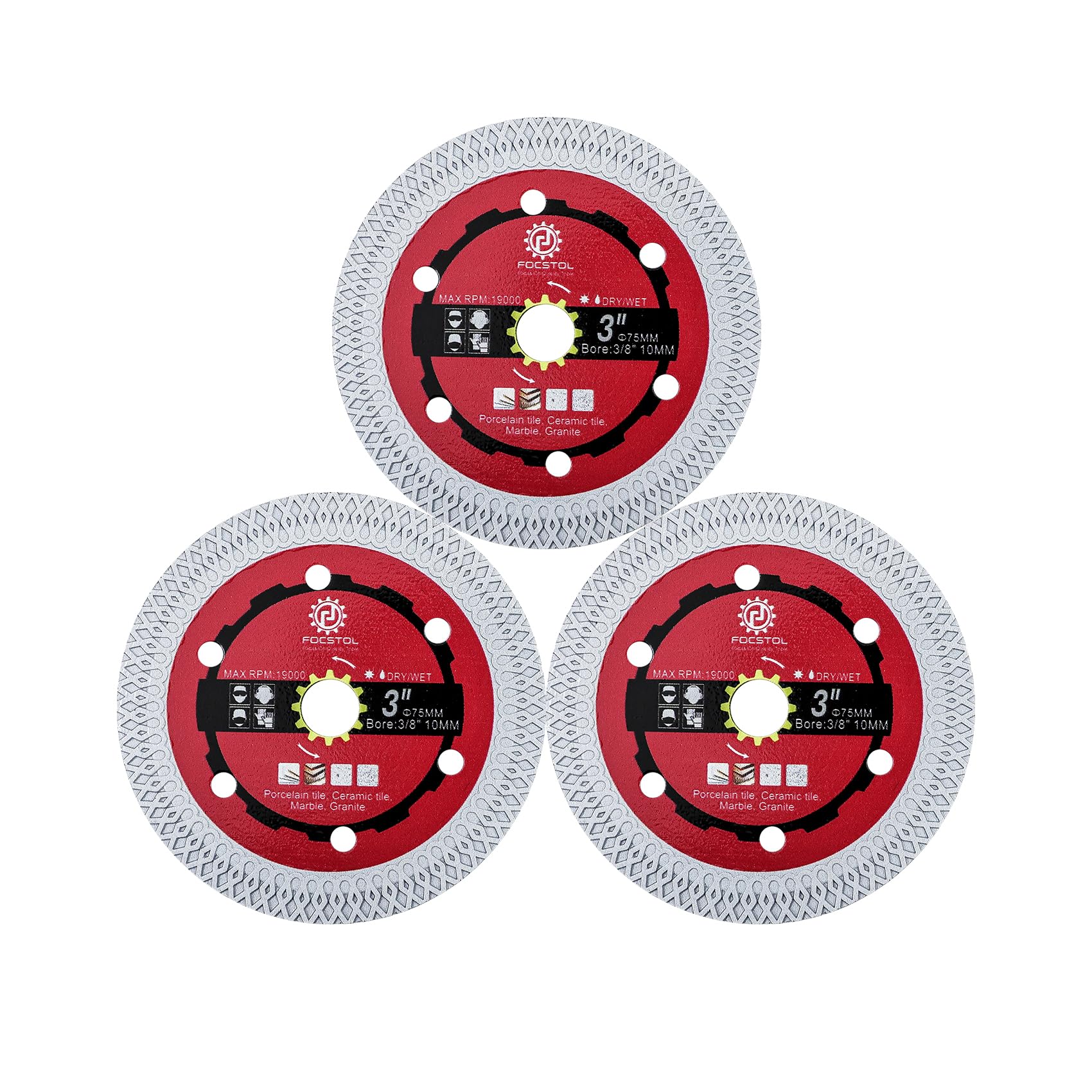 FOCSTOL Diamond Cutting Disc - 3pcs 75mm Tile Blade for Porcelain Ceramic Tile Marble Artificial Stone Arbor 10mm