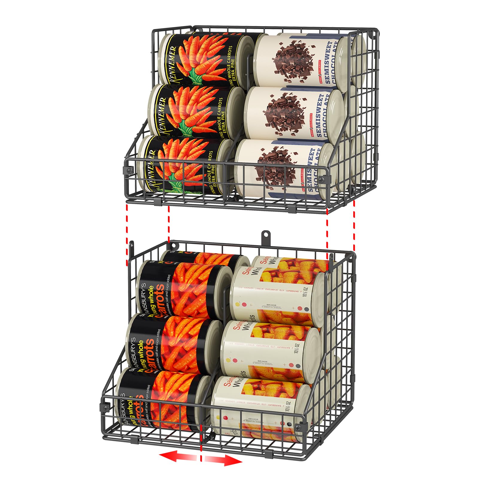 Photo 1 of Stackable Can Organizer for Pantry with 2 Adjustable Dividers, Soda Can Organizer, Can Storage Dispenser Holds up to 28 Cans, 2 tier Metal Wire Baskets Can Holder for Kitchen Cabinet Pantry, Black