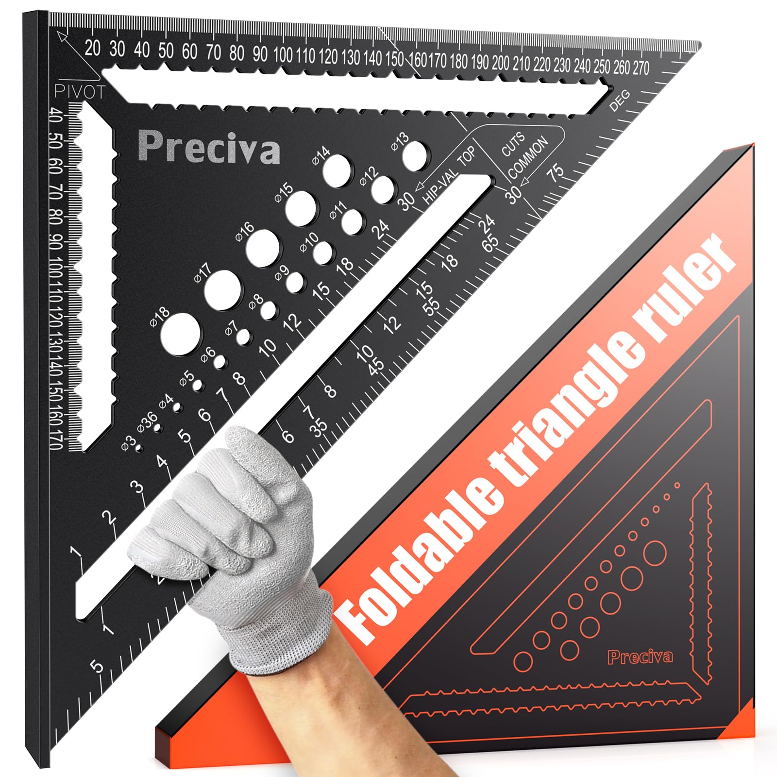 Speed Square, Preciva 12inch/300mm Set Squares, Triangle Ruler with 17 Types of Drill Holes, Multifunctional Aluminum Alloy Carpenters Tools Can Draw Angles, Positioning of Drilled Hole etc