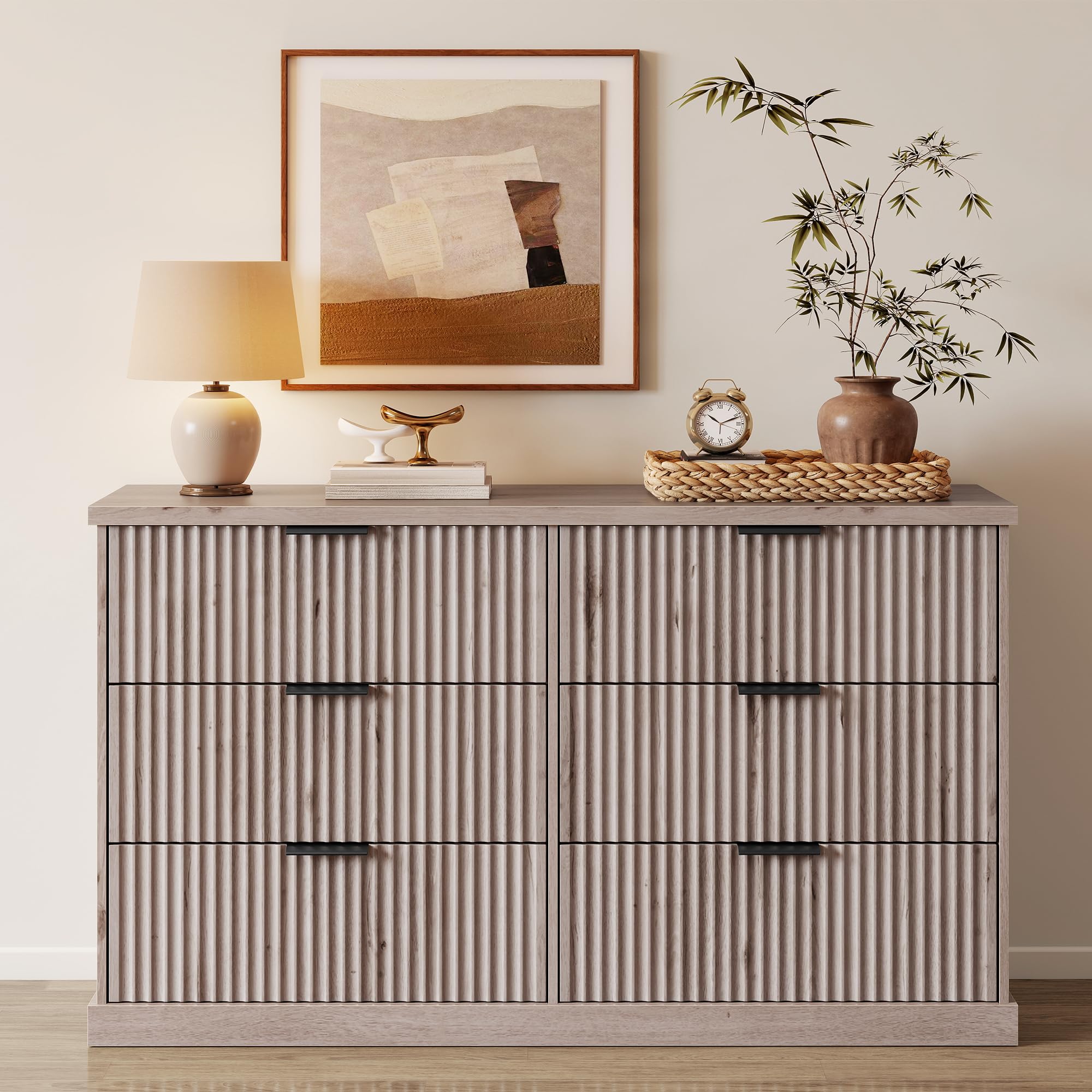 Photo 1 of VASAGLE MAXE Collection - 6-Drawer Double Dresser for Bedroom, 54.2-Inch Wide Chest of Drawers, Fluted Panels, Mid Century Modern Storage Dresser, TV Stand for Living Room, Washed Gray ULTS662FD01S