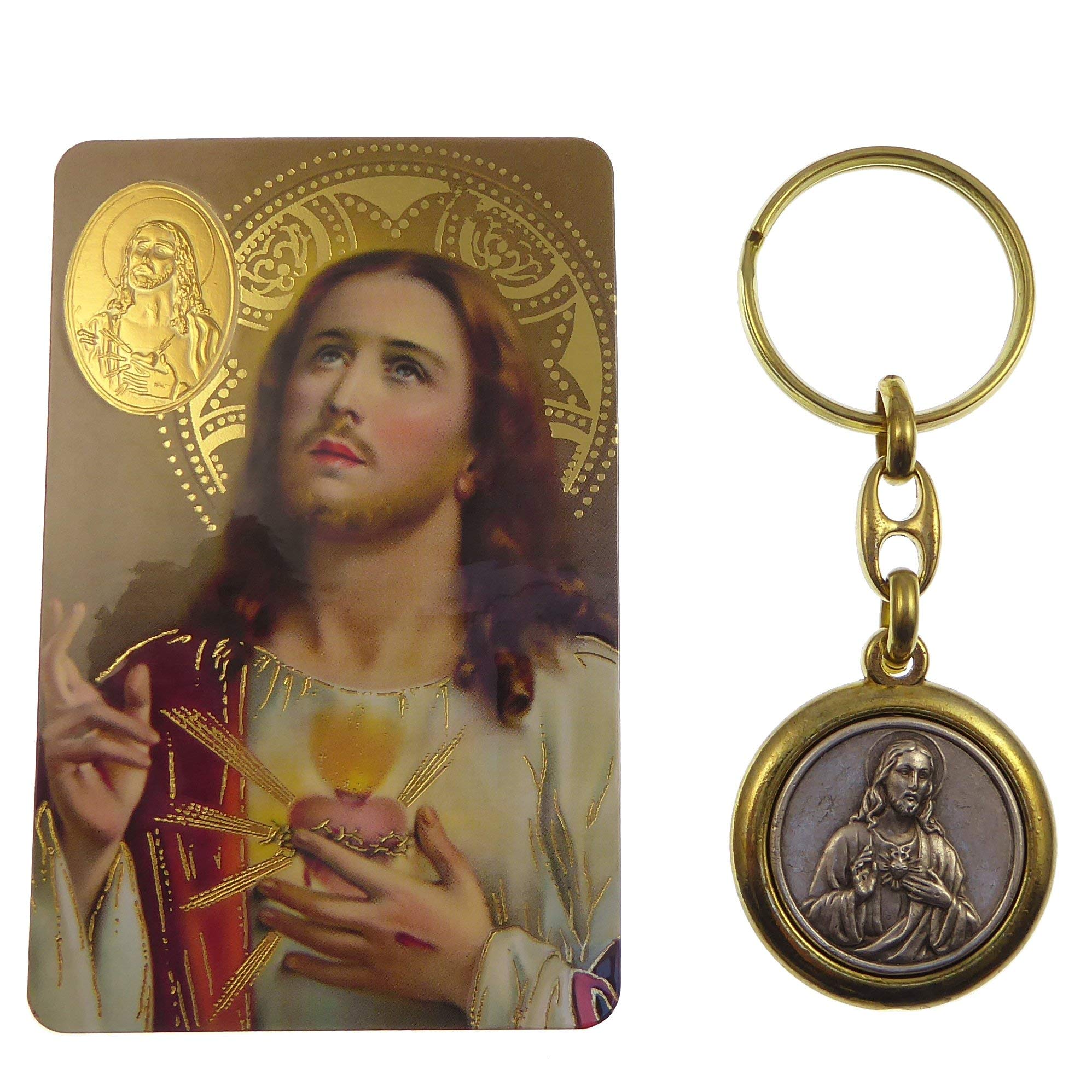 C bc Jesus Sacred Heart brass and silver keyring with prayer card