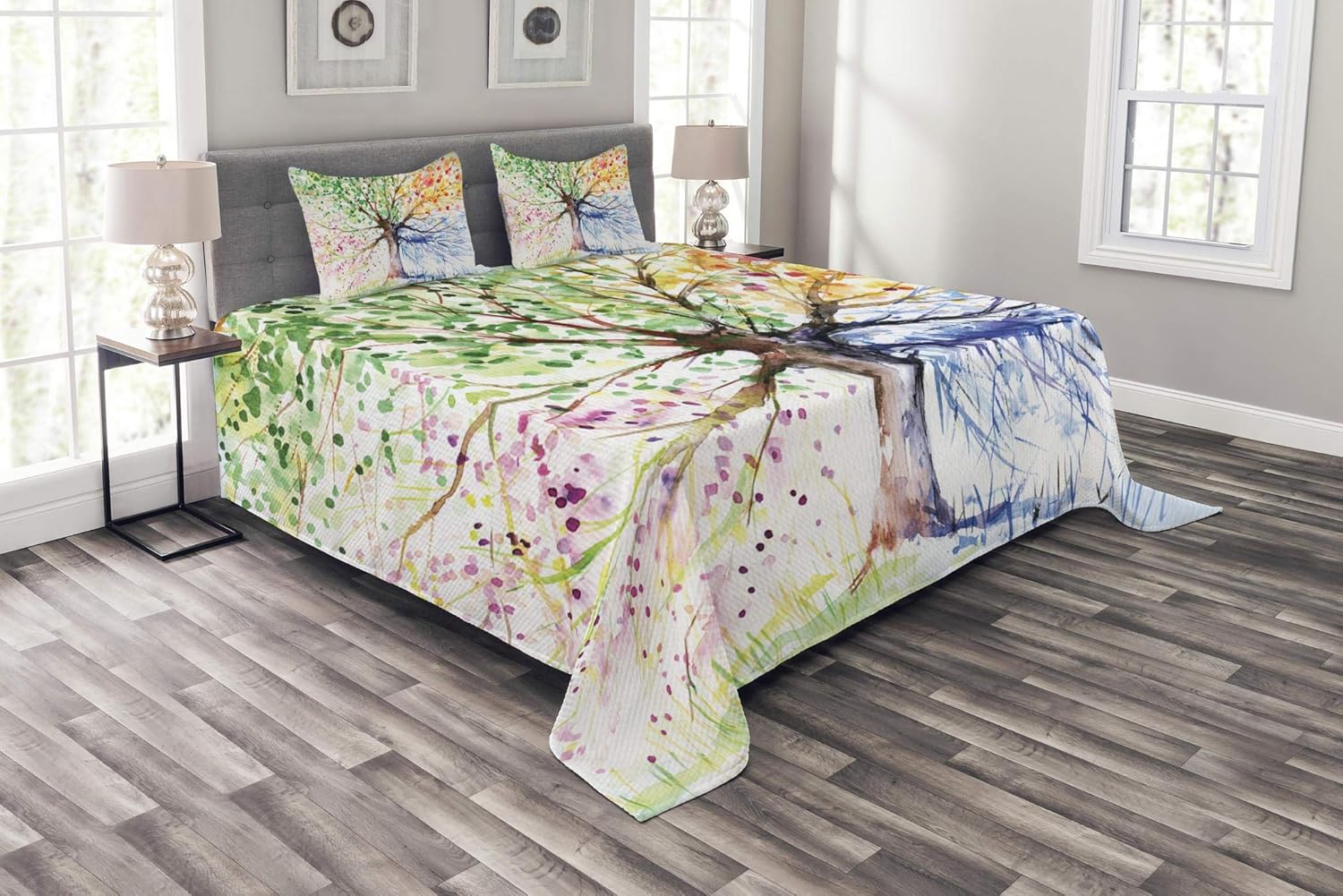 Ambesonne Tree Bedspread, Watercolor Style Tree with Colorful Blooming Branches 4 Seasons Theme, Decorative Quilted 3 Piece Coverlet Set with 2 Pillow Shams, Queen Size, White Green