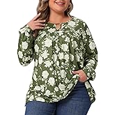 Agnes Orinda Plus Size Tops for Women V Neck Keyhole Pleated Long Sleeve Tunic Work Spring Fall Floral Blouses