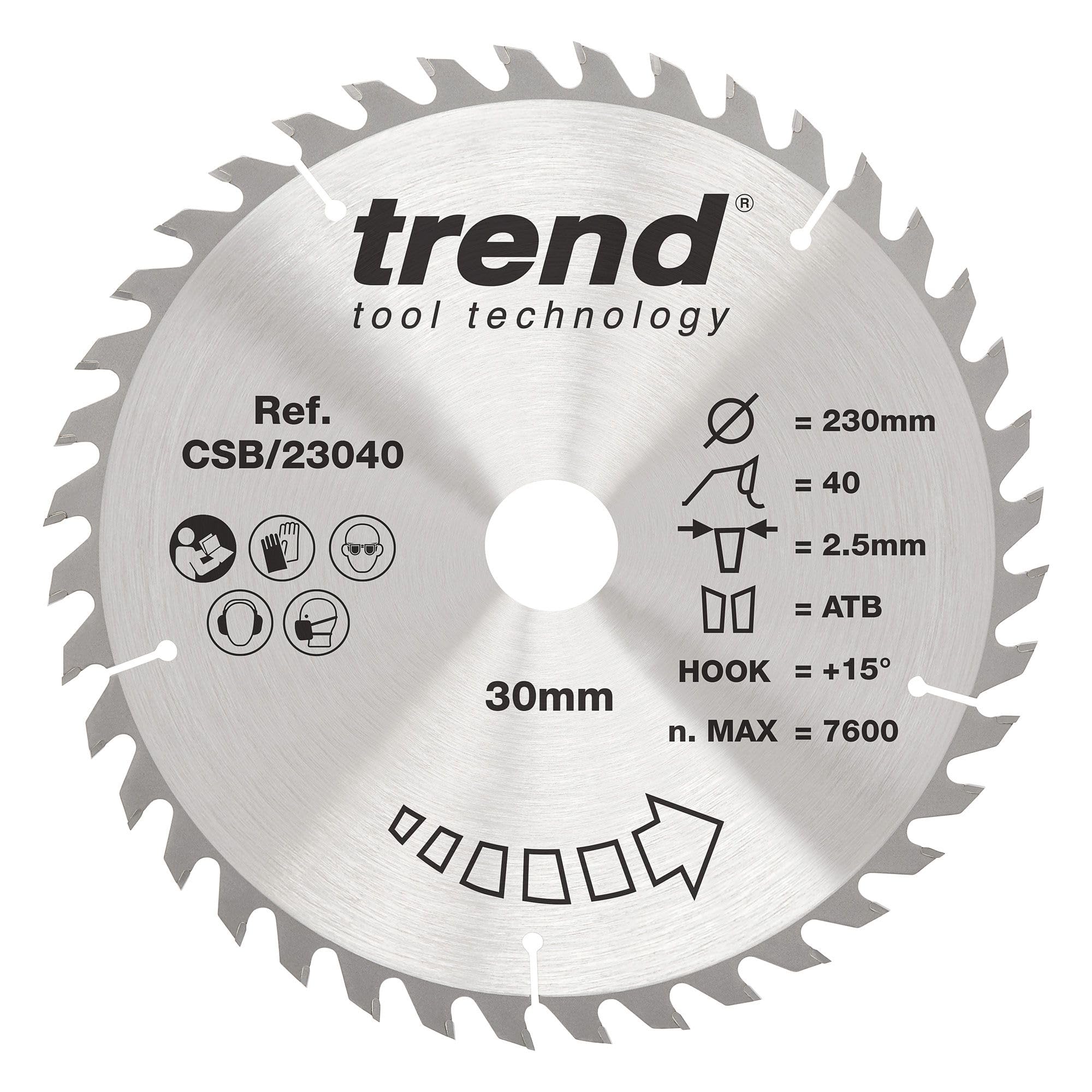 Trend Wood Circular Saw Blade, 230mm Diameter, 30mm Bore, 40 Teeth, 2.5mm Kerf, +15° Hook, TCT, Medium Finish, CSB/23040