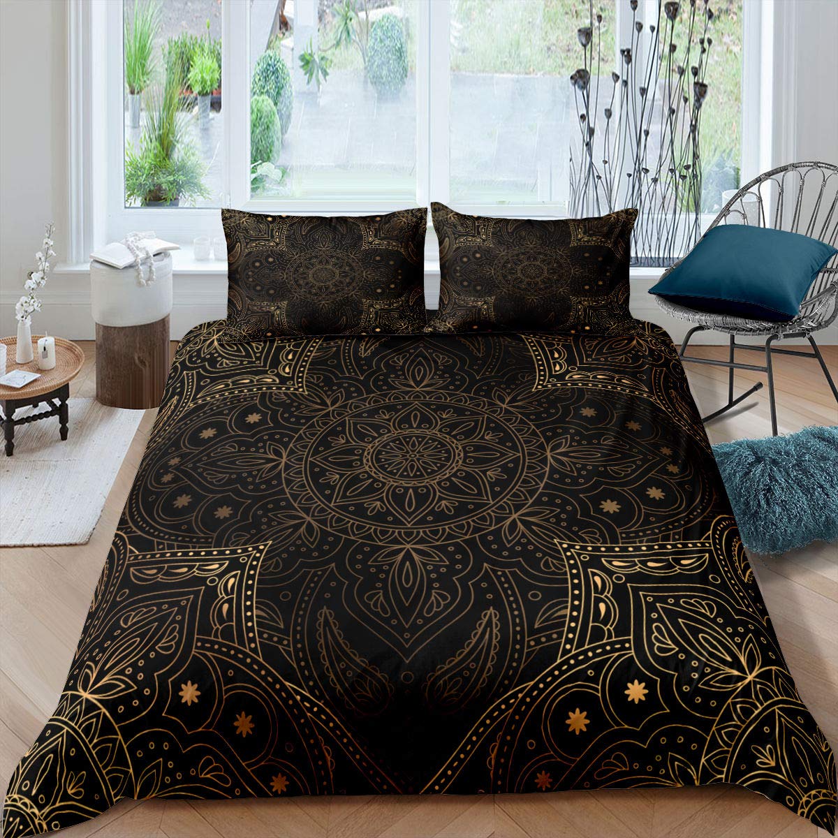 Homewish Bohemian Comforter Cover Golden Mandala Duvet Cover Set Paisley Floral Bedding Set For Kids Boys Girls Exotic Tribal Boho Bedclothes With 1 Pillow Case Single Size Bedroom Decor Gold Black — image 1