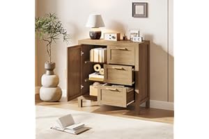 Wooden Buffet Cabinet with 3 Drawers & Cabinet Door, Adjustable Shelf Sideboard Storage for Dining Room, Walnut Finish Consol