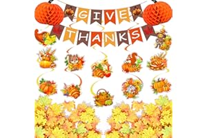 BONROPIN Thanksgiving Party Decorations Set - 1 Give Thanks Banner,12pcs Thanksgiving Spiral Ornaments,50pcs Maple Leaves, 2 Large Pumpkin Honeycomb Balls for Home, Party, Fireplace, Table Decoration