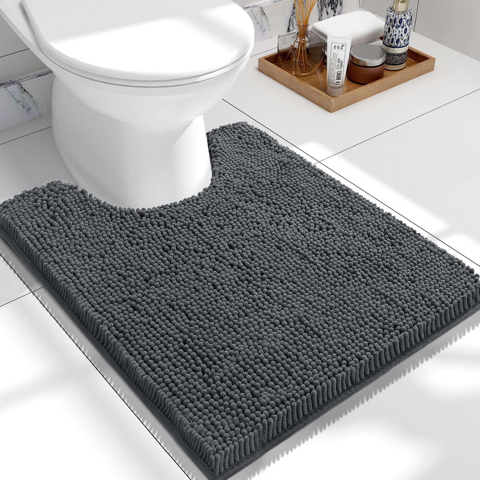 smiry Non-Slip Toilet Mat Extra Soft Absorbent Pedestal Mat for Toilet Thick Shaggy Chenille Bath Mat Machine-Washable Dry Bathroom Floor Mat, 50 x 60 cm, Dark Grey