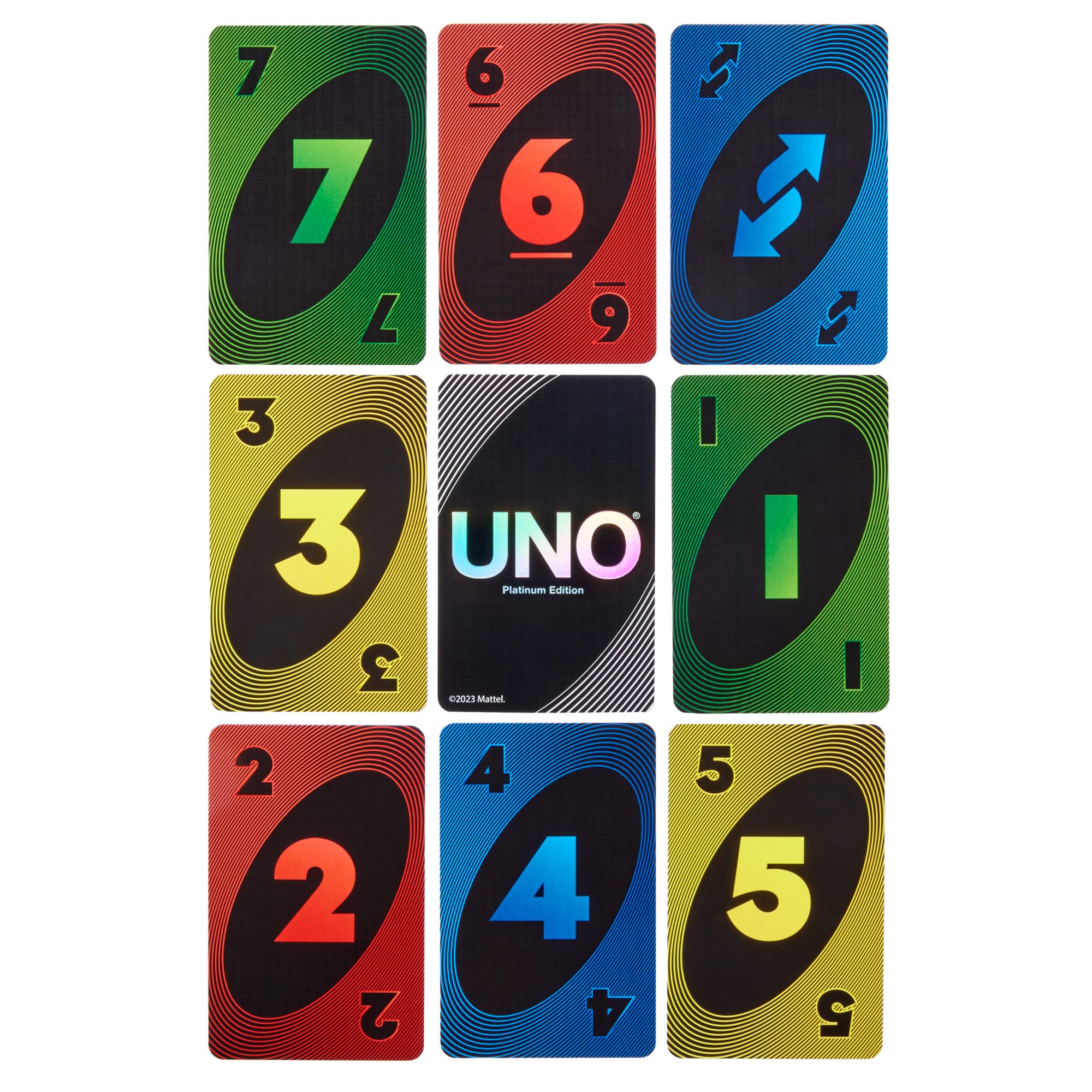 Mattel Games UNO Platin Edition Kartenspiel für Film- und Familienabende, Spielabende, Reisen, Camping und Partys, Premium-Sammelkarten, HPY61 5