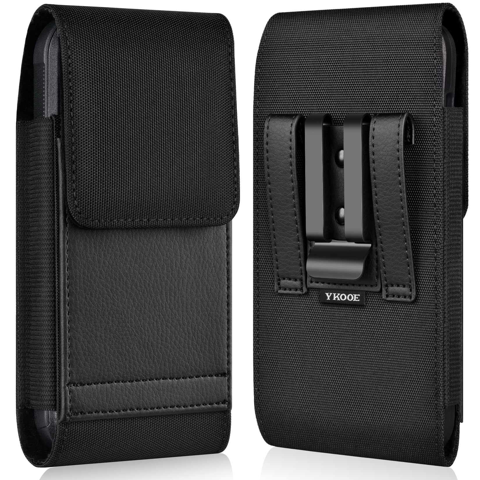 ykooe Holster Compatible with iPhone 16 15 14 13 12 Pro Galaxy S25 S24 S23 S22 S21 S20, Nylon Cell Phone Belt Holder Case with Clip and Leather Card Pouch for Men, Black -M