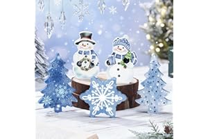 Threehoney 5 Pcs Blue Winter Snowman Decor Indoor Cute Snowflake Snowman Winter Wonderland Table Decoration Farmhouse Wooden Tiered Tray Decor House Sign Table Centerpieces for Party Office Home Shelf