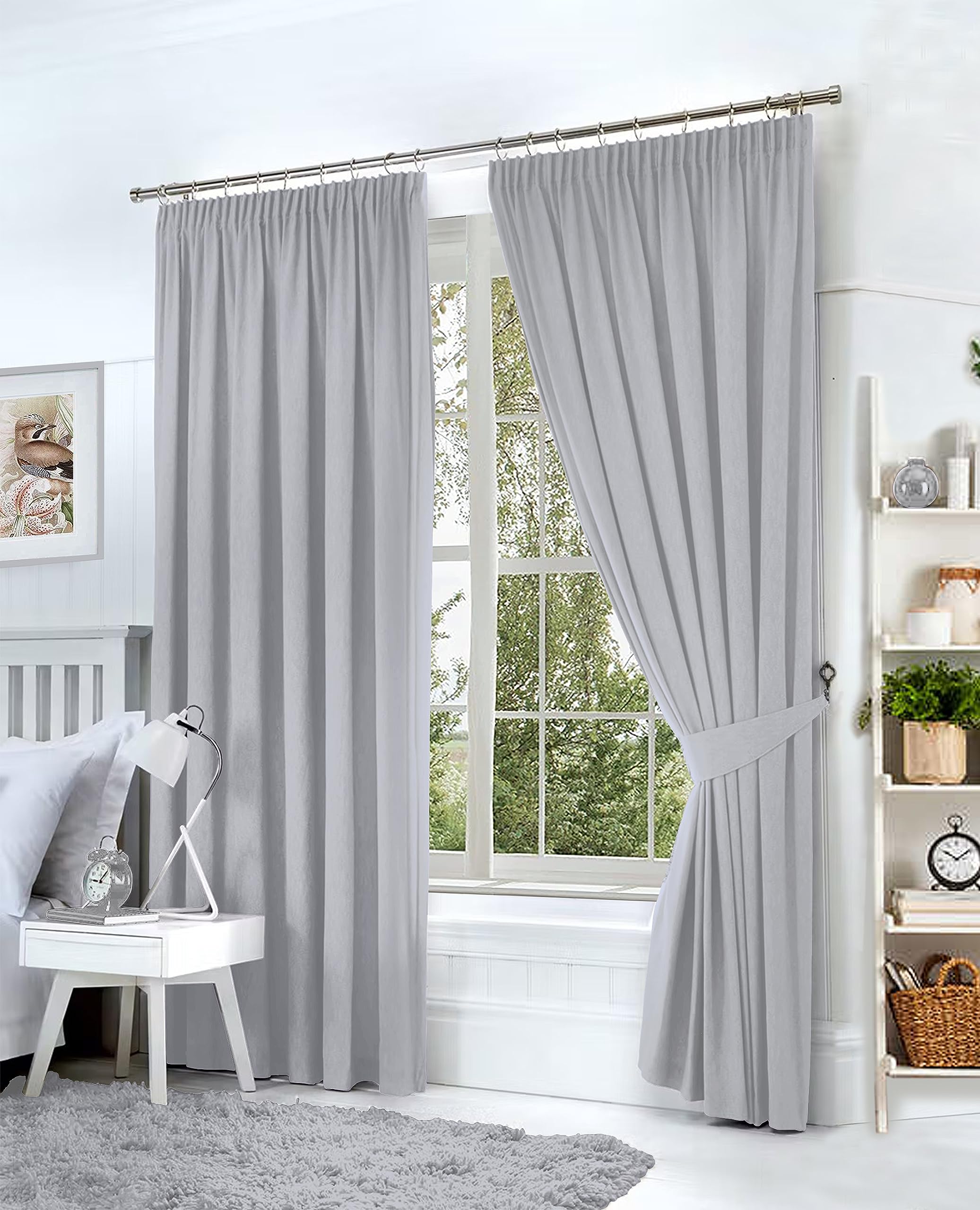 Hachette Thermal Blackout Curtains Pencil Pleat Tape Top Including Pair of Tiebacks (Silver Grey, 46" X 72")