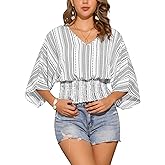 Allegra K Boho Tops for Women V Neck Print Chiffon Smocked Summer Batwing Dolman Sleeve Blouses