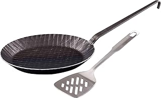 GRÄWE Schmiedeeiserne Bratpfanne aus Eisen, Ø 28 cm, Pfanne mit Hakenstiel, ohne Beschichtung, geriffelt, inkl. Pfannenwender