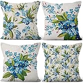 Vie Savaran Blue Flower Throw Pillow Covers Green Leaves Watercolor Wildflower Plants Sweet Fresh Rustic Style 24x24 Set of 4 Square Cushion Covers Couch Sofa Bedroom Farmhouse Patio Garden Livingroom