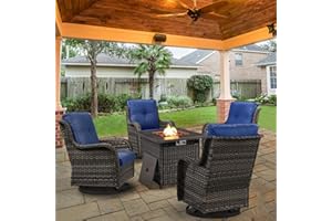 Belord 5 Pieces Patio Wicker Furniture Set - 4 Outdoor Swivel Rocker Glider Chairs with Propane Fire Pit Table, Patio Conversation Set Blue Cushion Perfect for Casual Gathering