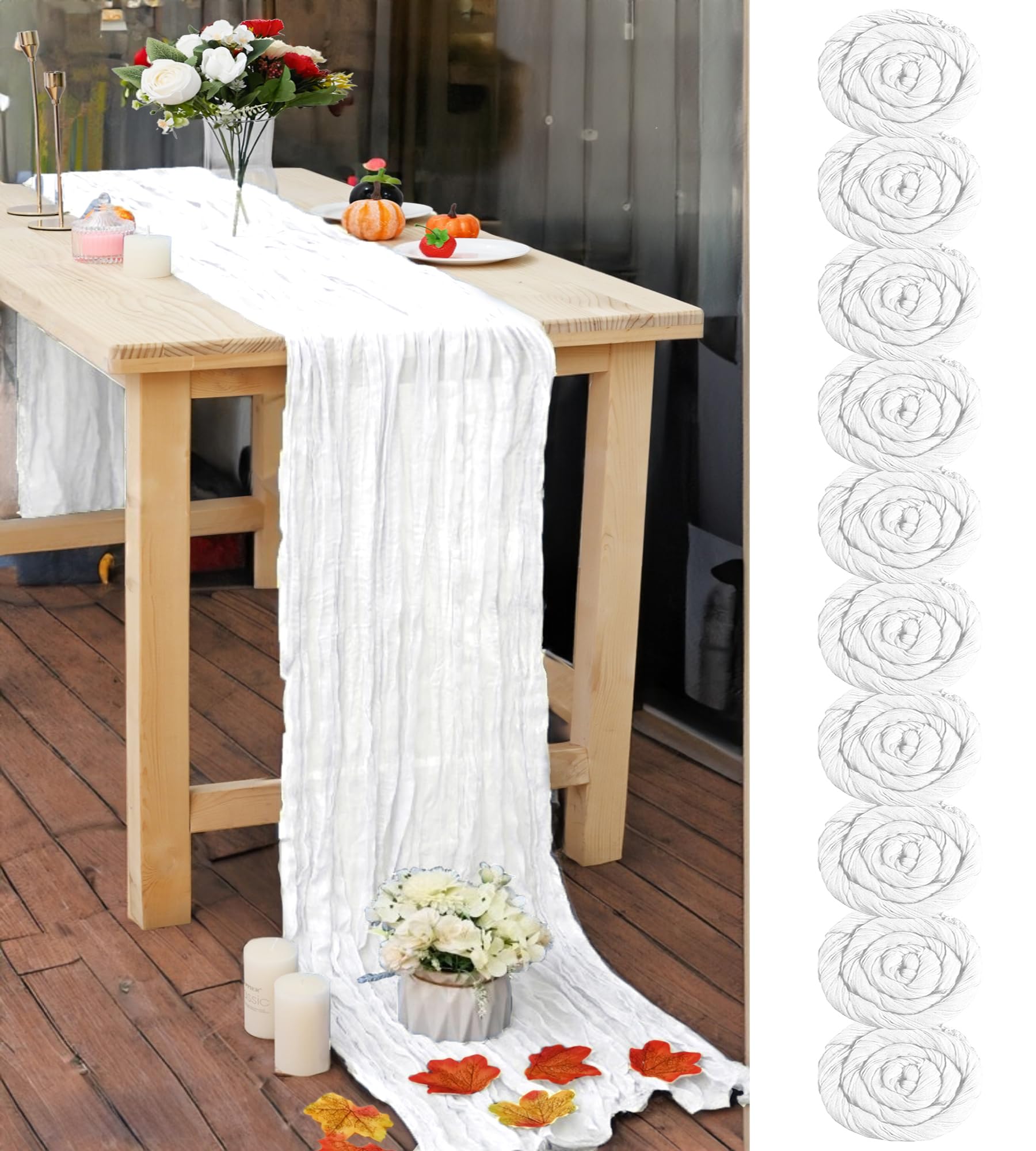 Photo 1 of 10 Pcs White 10FT Cheesecloth Table Runner 23" x 120" Romantic Cheese Cloth Table Runner Gauze Table Runners Rustic Sheer Runner for Wedding Engagement Bridal Baby Shower Birthday Party Table Décor