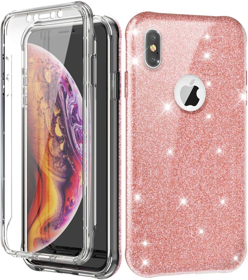 Lontect Compatible iPhone Xs Max Case with Built-in Screen Protector Glitter Sparkly Bling Slim Shockproof Full Body Protective Phone Cover for Apple iPhone Xs Max, Shiny Rose Gold