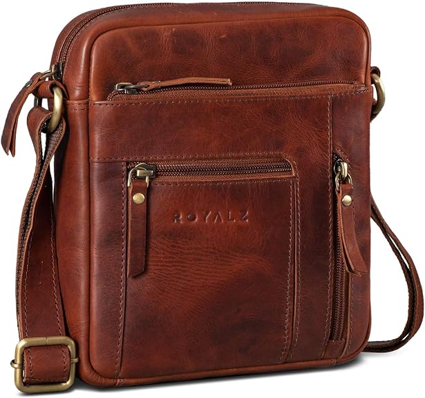 ROYALZ 'Columbus' Sac Bandoulière Cuir Véritable Homme - Petit Format Vintage Élégant Noir