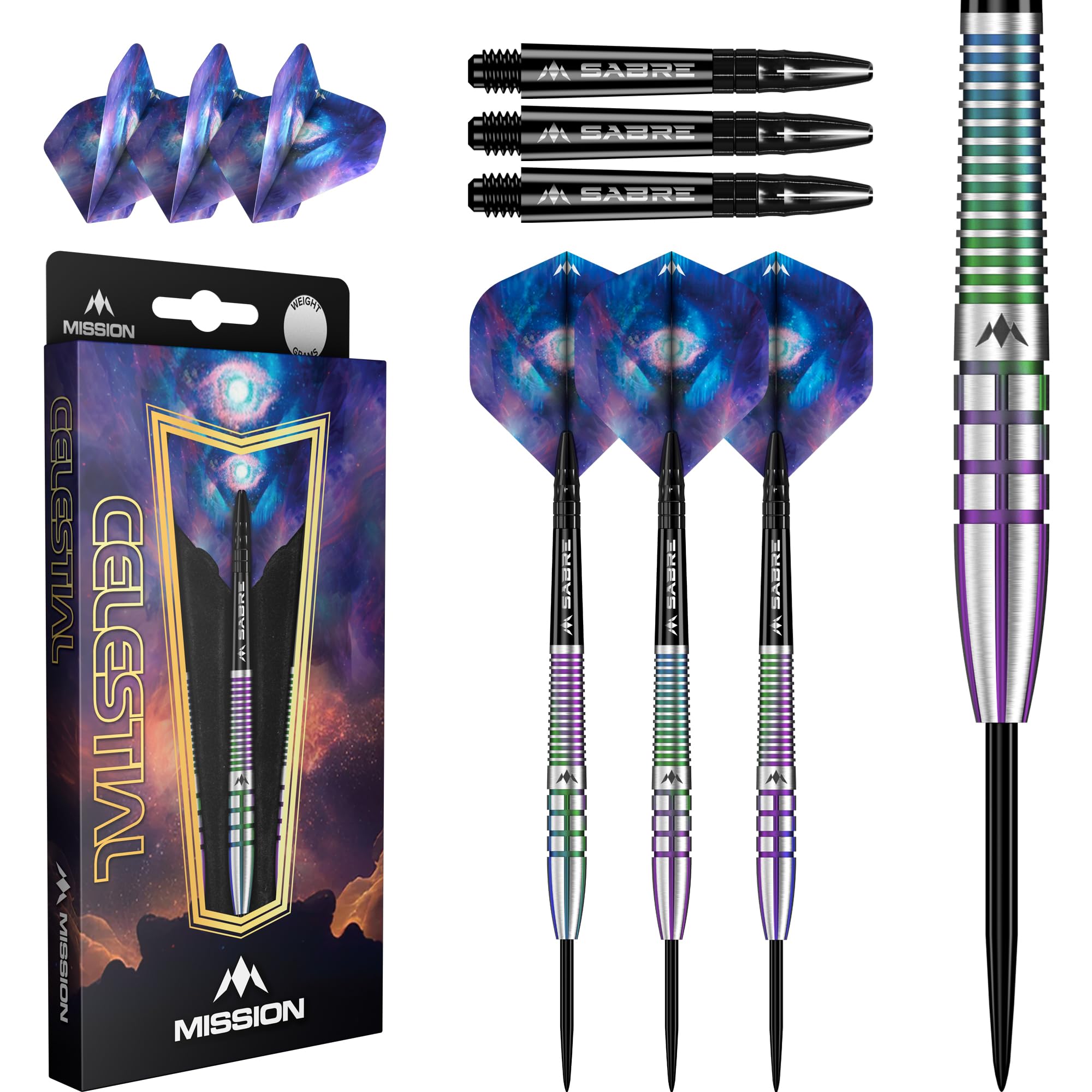 Mission Darts | Celestial Darts | Steel Tip Darts Set | 95% Tungsten Barrel | Coral PVD | Includes Dart Flights and Stems | Available in Multiple Weights. (21, Grams)