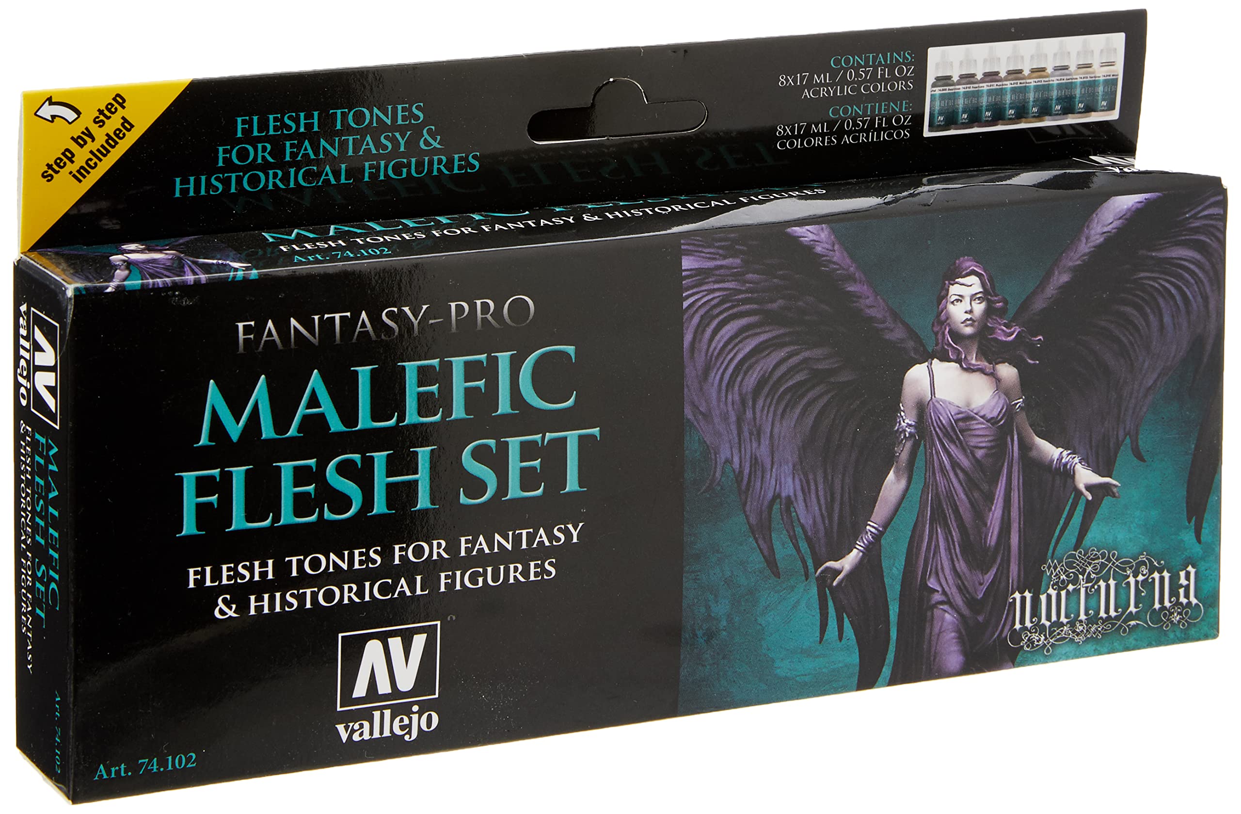 Vallejo Pro Nocturna - Malefic Flesh Paint Set, 8 Colors, 17 ml Each, Ideal for Miniature Painting and Model Detailing
