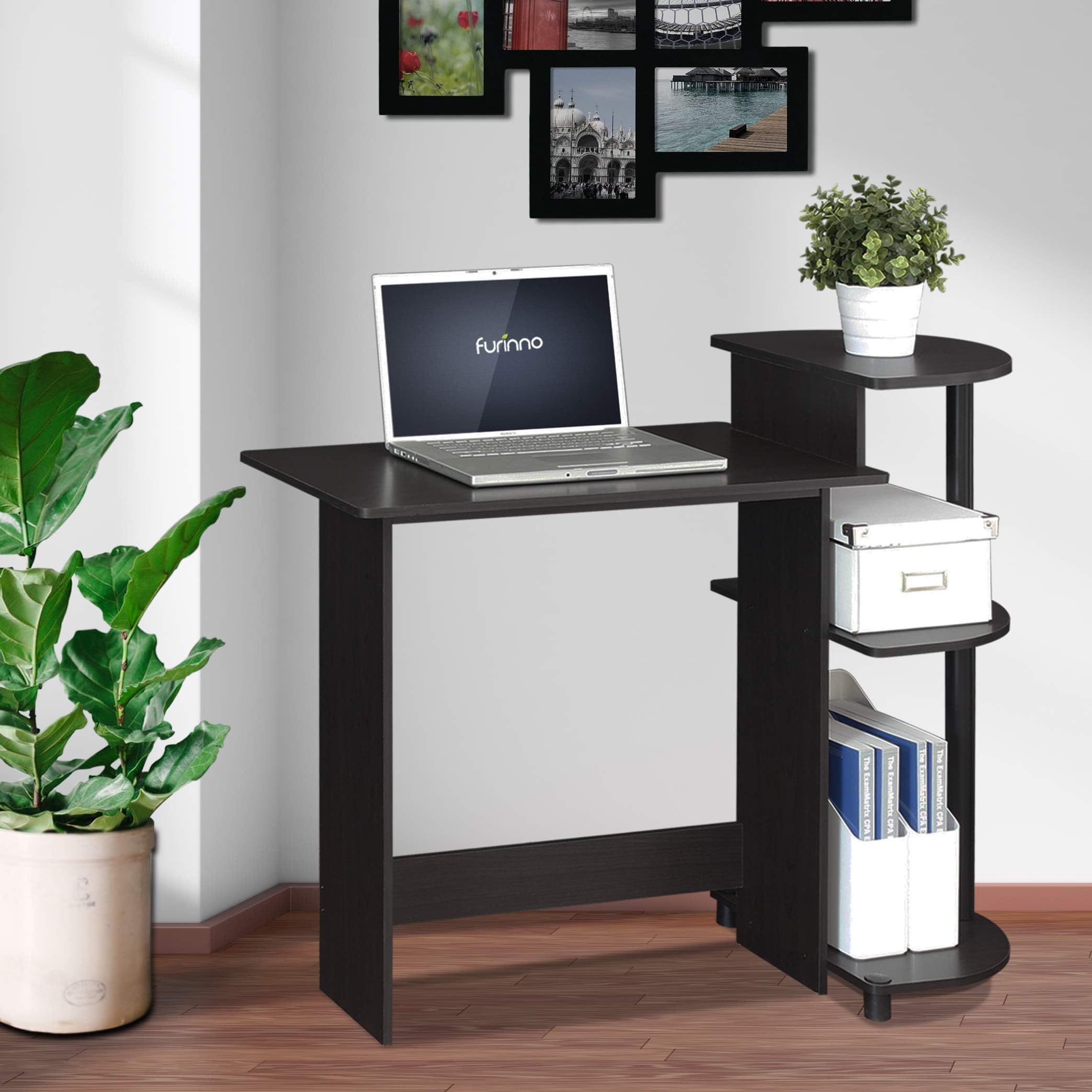 Furinno Compact Computer Desk with Shelves, Espresso/Black (2 Pack)