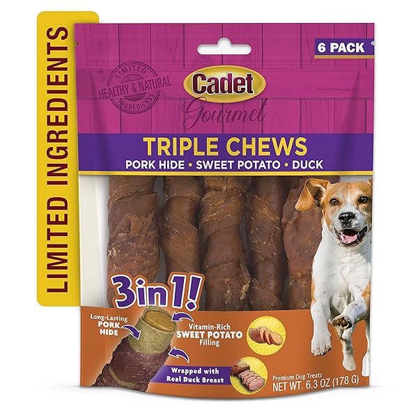 CADET GOURMET TRIPLE CHEWS PORK HIDE, SWEET POTATO, & DUCK DOG TREATS – HEALTHY DOG TREATS FOR SMALL & LARGE DOGS – INSPECTED & TESTED IN USA (6 COUNT)