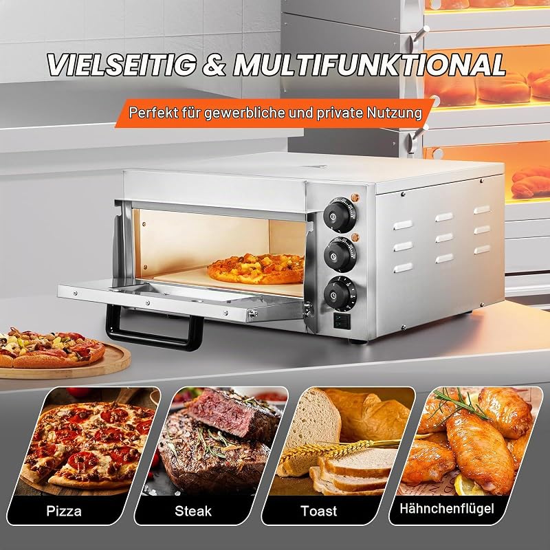 kommerzieller Pizzaofen Backofen Einzeldeckschicht 356 mm, elektrischer Pizzaofen aus Edelstahl mit drei Drehknöpfen, Mehrzweck-Pizzamaker Indoor, zum Backen im Restaurant, zu Hause, Silber