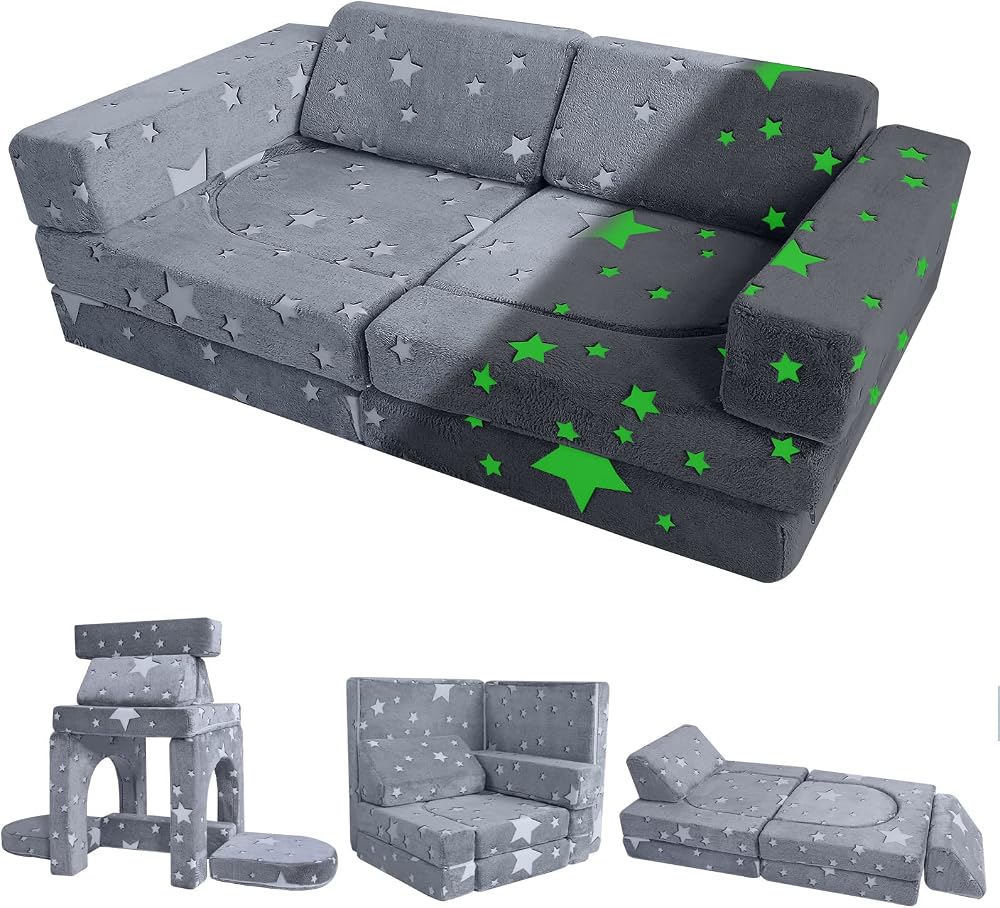MeMoreCool Kids Play Sofa Bed 10-Piece Modular Foam Couch Glow Stars